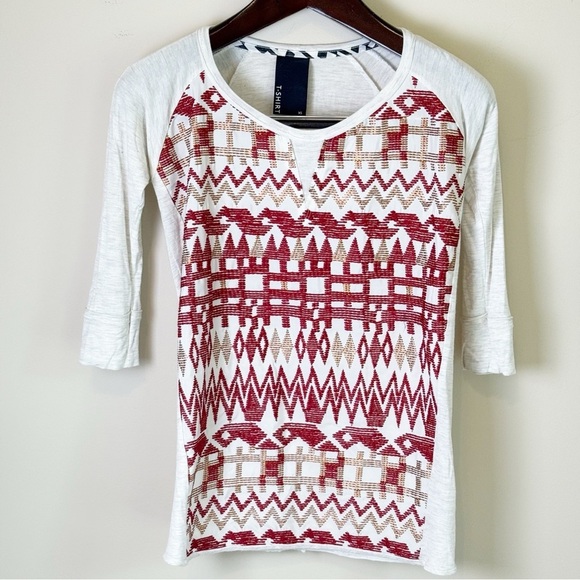 Anthropologie Dolan T-Shirt Aztec Embroidered Red Bronze Woven XS - Picture 1 of 6